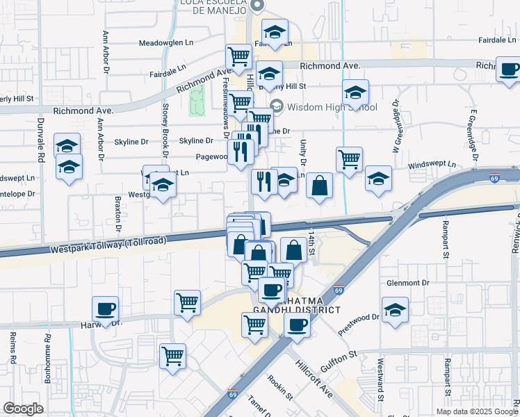 map of restaurants, bars, coffee shops, grocery stores, and more near 3939 Hillcroft Avenue in Houston