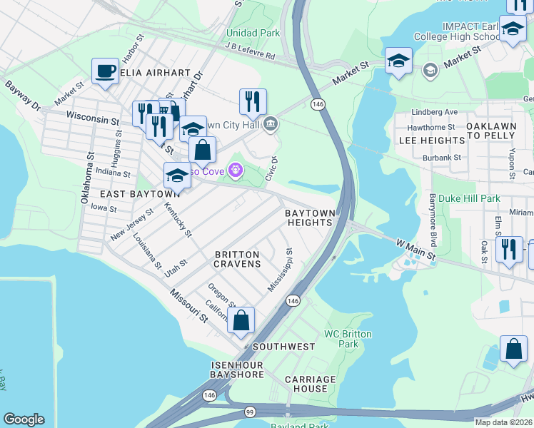 map of restaurants, bars, coffee shops, grocery stores, and more near 1603 Alabama Street in Baytown