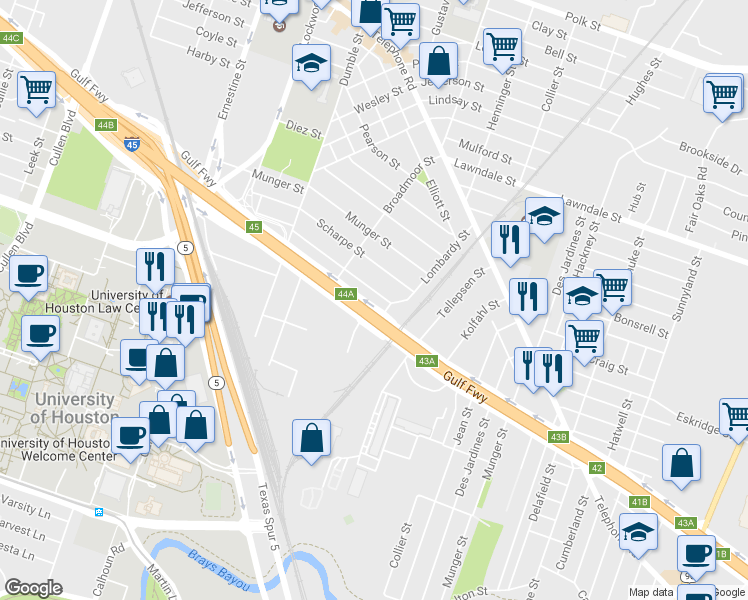 map of restaurants, bars, coffee shops, grocery stores, and more near 4841 Gulf Freeway in Houston