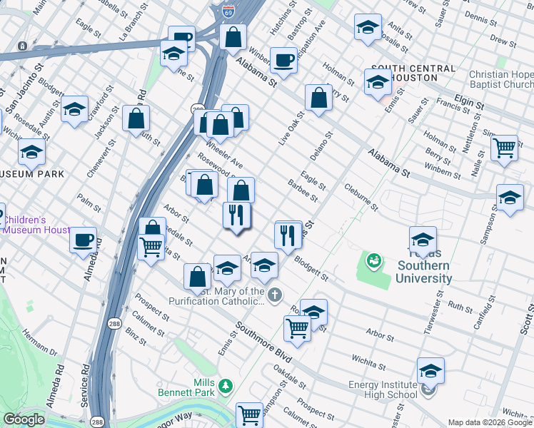 map of restaurants, bars, coffee shops, grocery stores, and more near 2719 Ruth Street in Houston