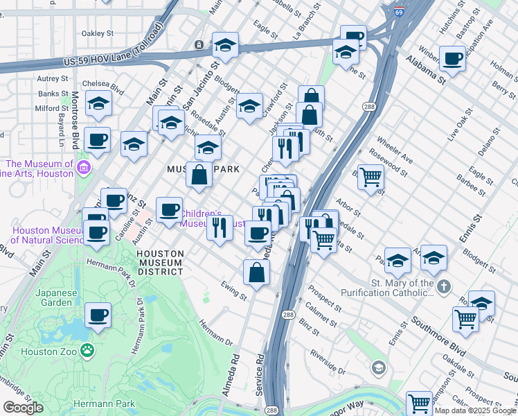 map of restaurants, bars, coffee shops, grocery stores, and more near 1842 Palm Street in Houston