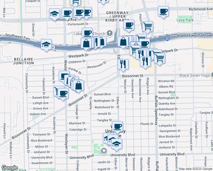 map of restaurants, bars, coffee shops, grocery stores, and more near 3724 Albans Road in Houston