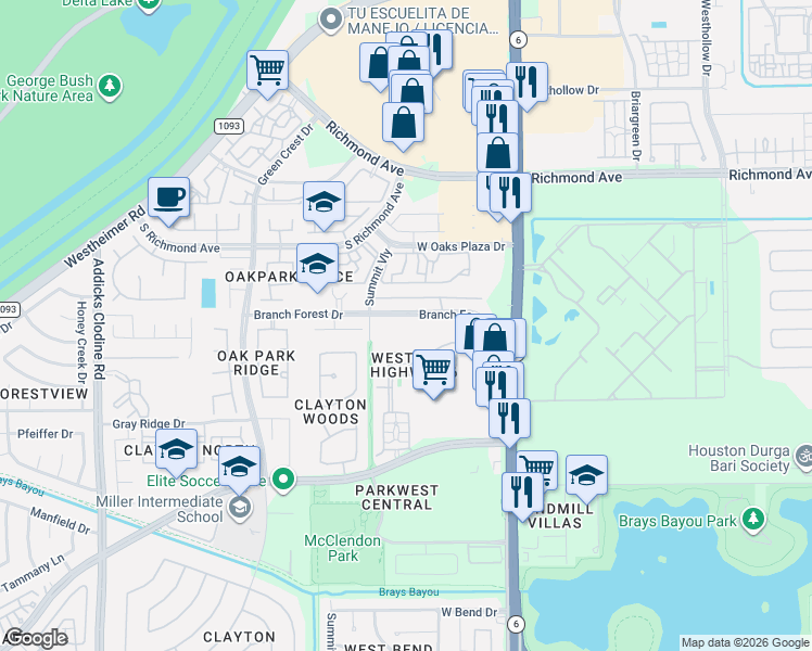 map of restaurants, bars, coffee shops, grocery stores, and more near 14735 Branchwest Drive in Houston