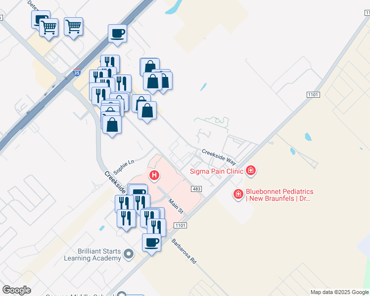 map of restaurants, bars, coffee shops, grocery stores, and more near 580 Creekside Way in New Braunfels