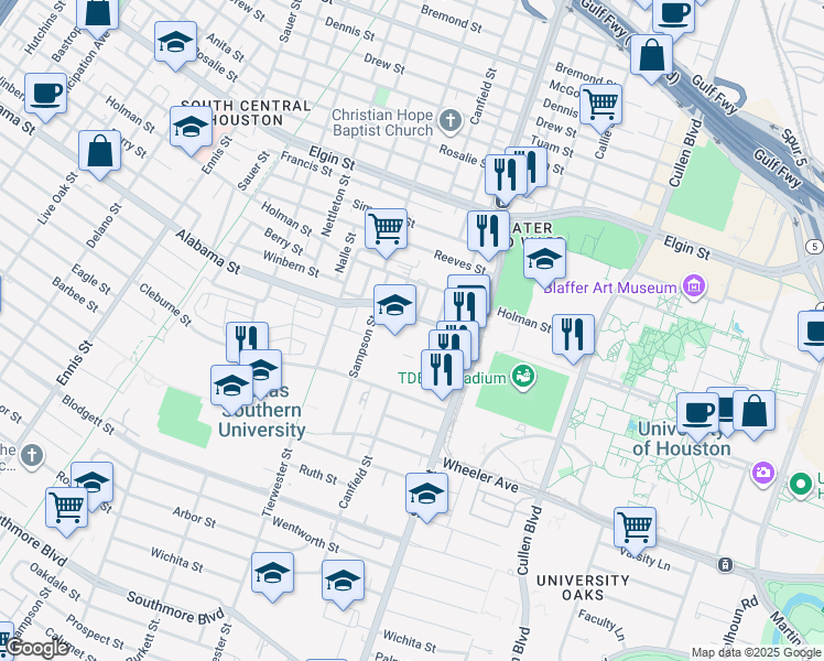 map of restaurants, bars, coffee shops, grocery stores, and more near 3650 East Alabama Avenue in Houston
