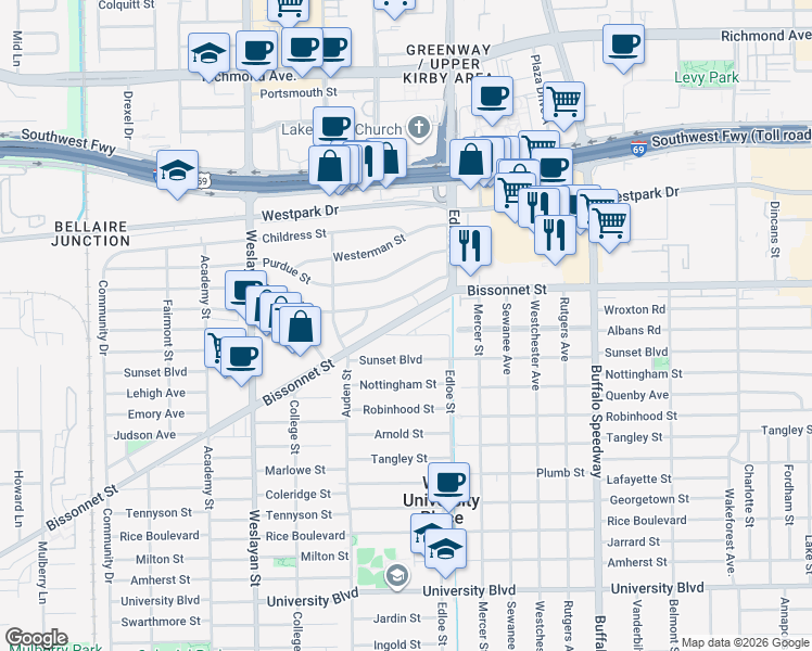 map of restaurants, bars, coffee shops, grocery stores, and more near 3724 Albans Road in Houston