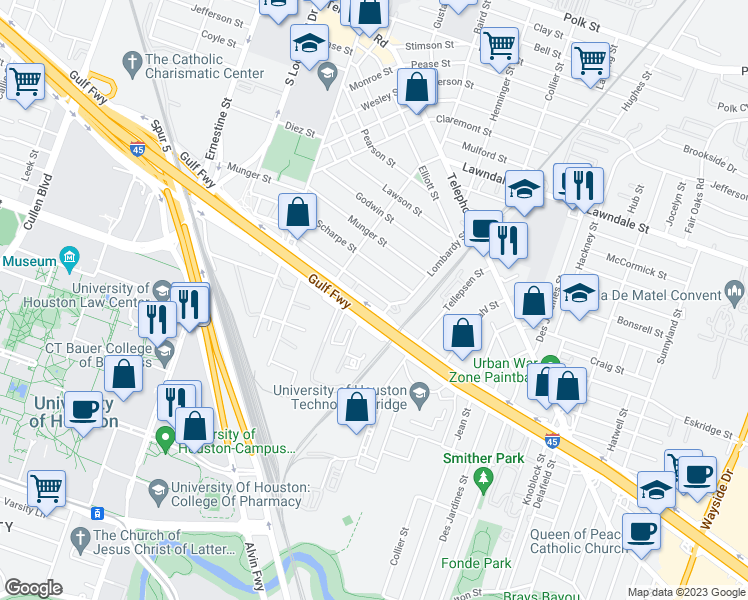map of restaurants, bars, coffee shops, grocery stores, and more near 1546 Lombardy Street in Houston