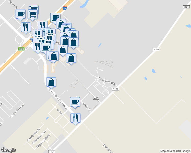 map of restaurants, bars, coffee shops, grocery stores, and more near 561 Creekside Way in New Braunfels
