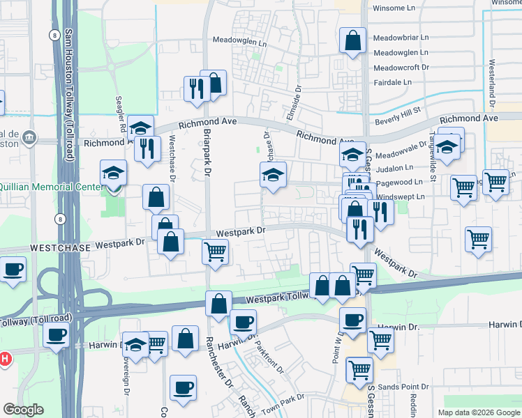 map of restaurants, bars, coffee shops, grocery stores, and more near 3633 Woodchase Drive in Houston