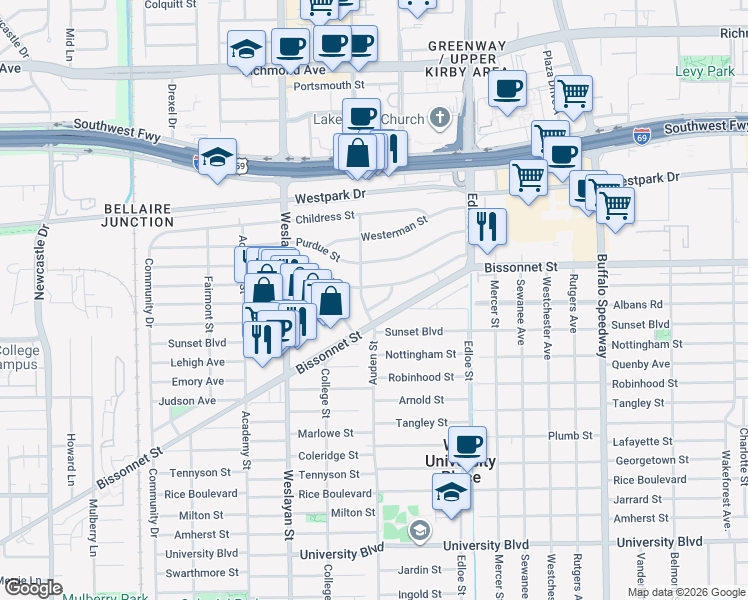 map of restaurants, bars, coffee shops, grocery stores, and more near 3790 Syracuse St in Houston