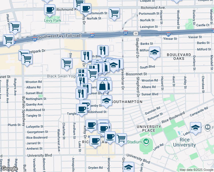 map of restaurants, bars, coffee shops, grocery stores, and more near 4618 Morningside Drive in Houston