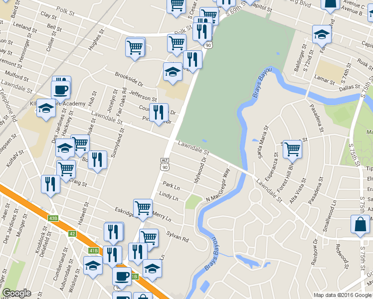 map of restaurants, bars, coffee shops, grocery stores, and more near 6634 Lawndale St in Houston