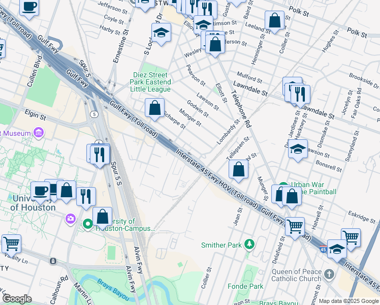 map of restaurants, bars, coffee shops, grocery stores, and more near 4841 Gulf Freeway in Houston