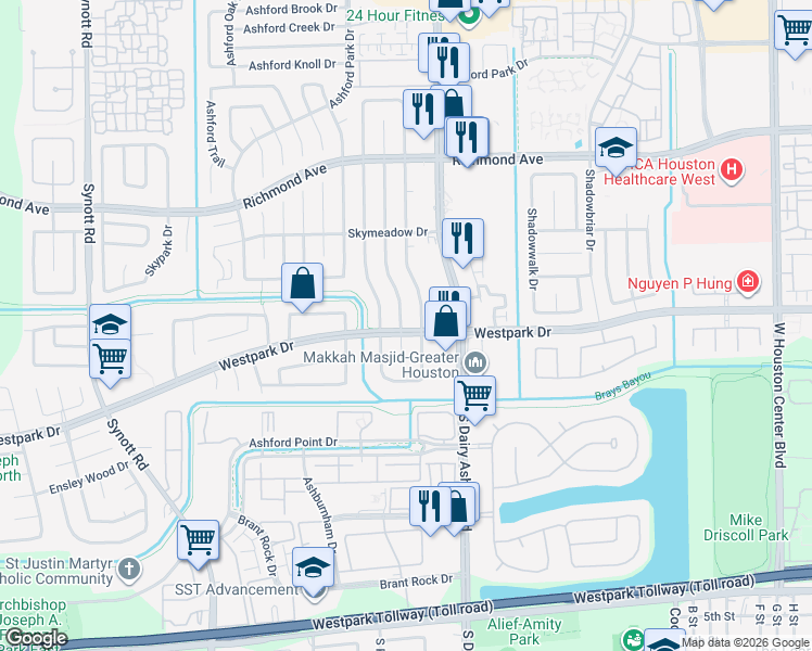 map of restaurants, bars, coffee shops, grocery stores, and more near 3439 Ashton Park Drive in Houston