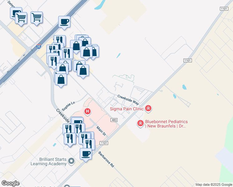 map of restaurants, bars, coffee shops, grocery stores, and more near 625 Creekside Way in New Braunfels