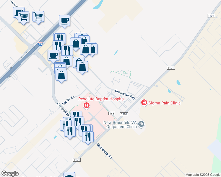 map of restaurants, bars, coffee shops, grocery stores, and more near 518 Creekside Way in New Braunfels