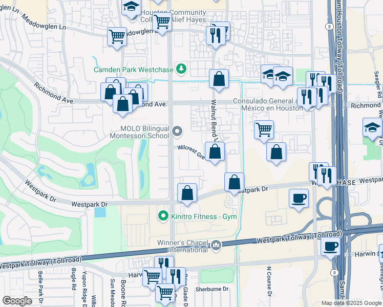 map of restaurants, bars, coffee shops, grocery stores, and more near 3606 Fallen Palms Court in Houston