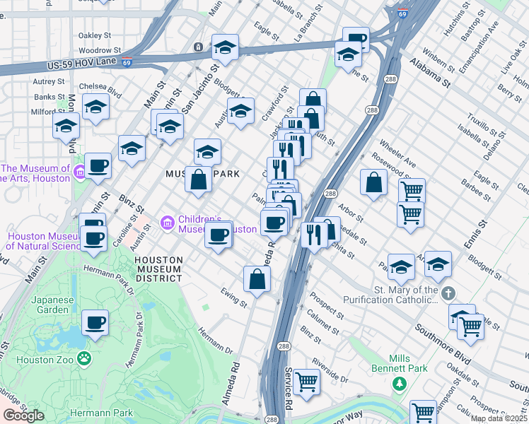 map of restaurants, bars, coffee shops, grocery stores, and more near 1823 Southmore Boulevard in Houston