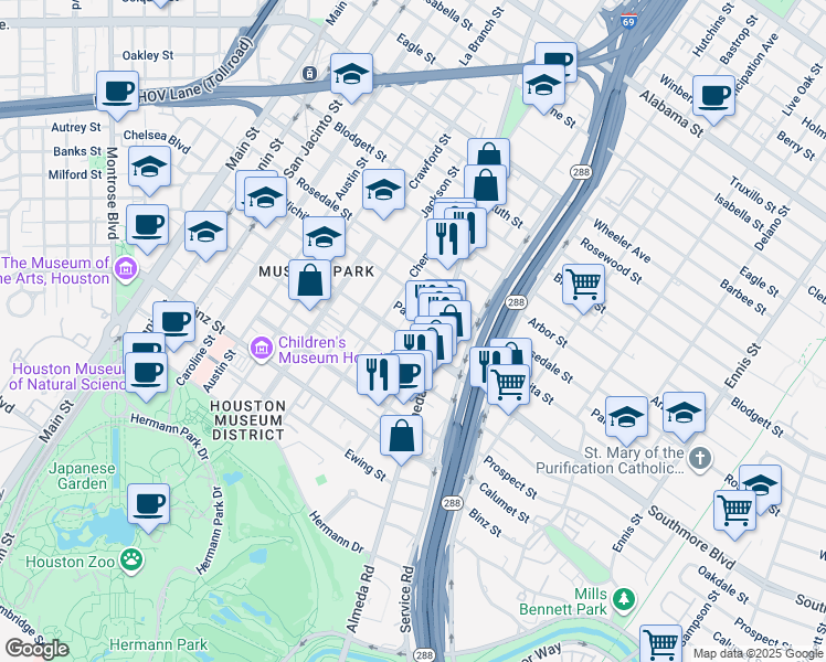 map of restaurants, bars, coffee shops, grocery stores, and more near 1823 Southmore Boulevard in Houston