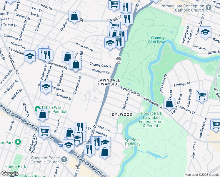 map of restaurants, bars, coffee shops, grocery stores, and more near 6601 Meadowlawn Street in Houston