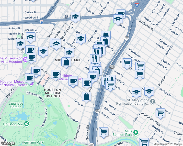 map of restaurants, bars, coffee shops, grocery stores, and more near 1842 Palm Street in Houston