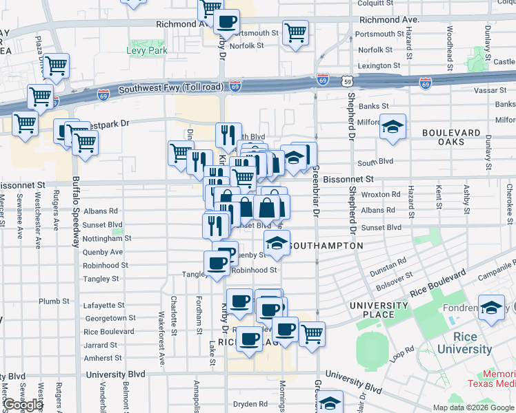 map of restaurants, bars, coffee shops, grocery stores, and more near 2434 Albans Road in Houston