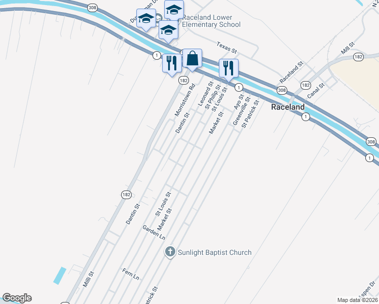 map of restaurants, bars, coffee shops, grocery stores, and more near 318-400 Saint Louis Street in Raceland