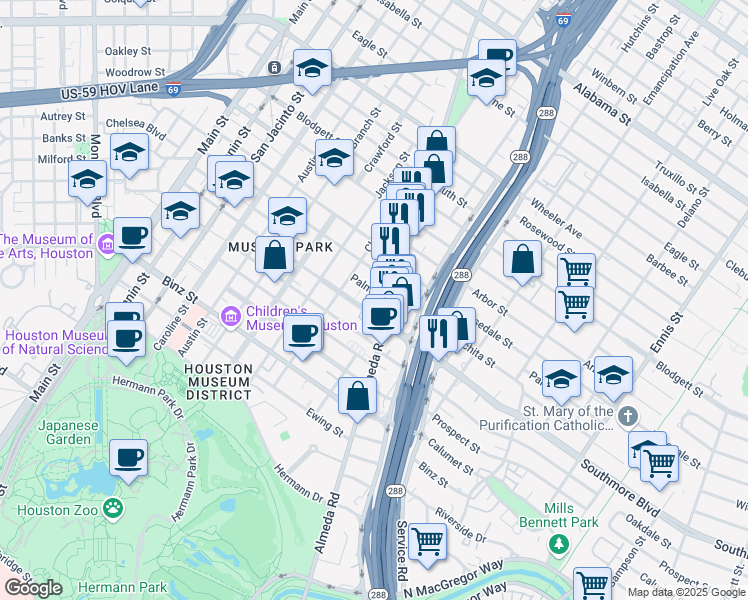 map of restaurants, bars, coffee shops, grocery stores, and more near 1840 Palm Street in Houston