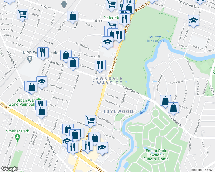 map of restaurants, bars, coffee shops, grocery stores, and more near 6601 Meadowlawn Street in Houston