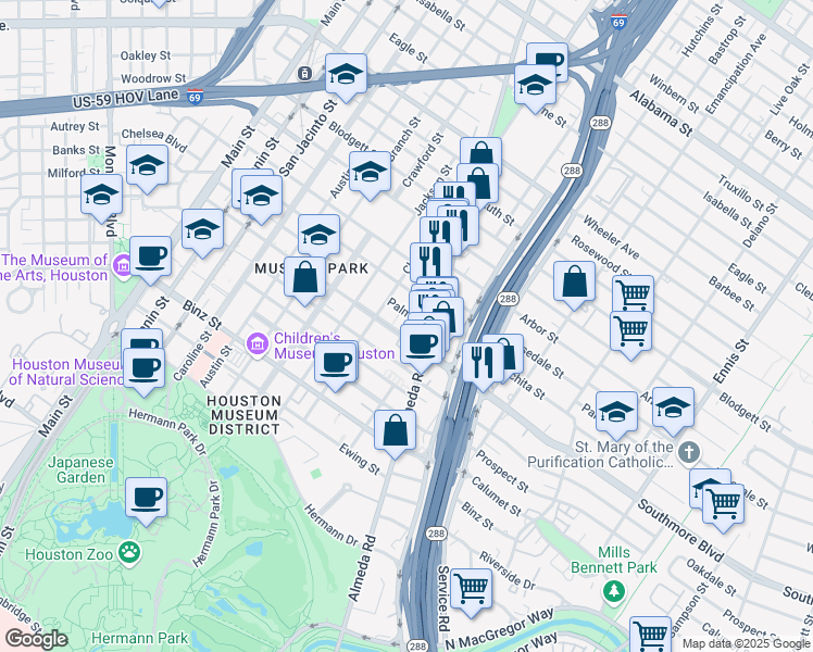 map of restaurants, bars, coffee shops, grocery stores, and more near 1842 Palm Street in Houston