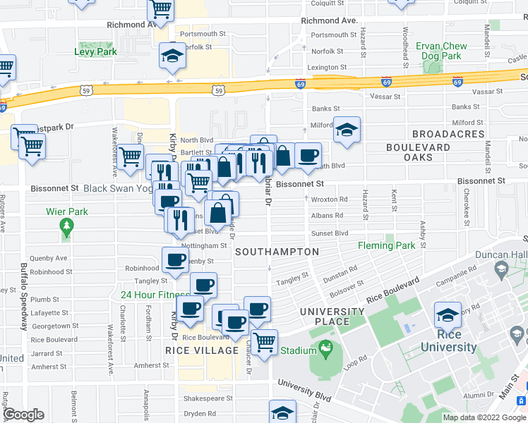 map of restaurants, bars, coffee shops, grocery stores, and more near 2316 Albans Road in Houston