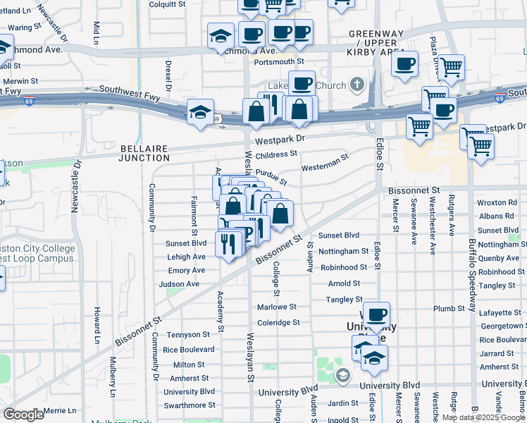 map of restaurants, bars, coffee shops, grocery stores, and more near 3911 Law Street in Houston