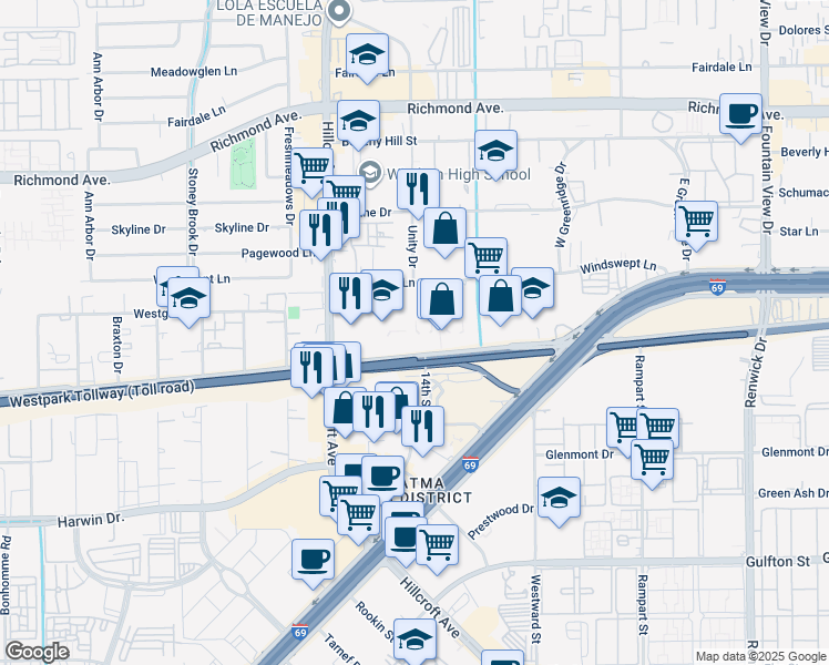 map of restaurants, bars, coffee shops, grocery stores, and more near 6300 Westpark Drive in Houston