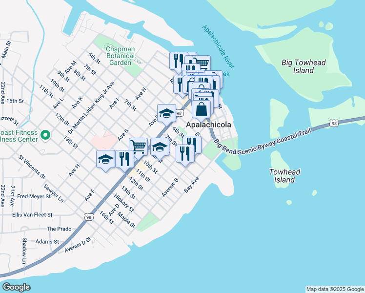 map of restaurants, bars, coffee shops, grocery stores, and more near 87 Avenue C in Apalachicola