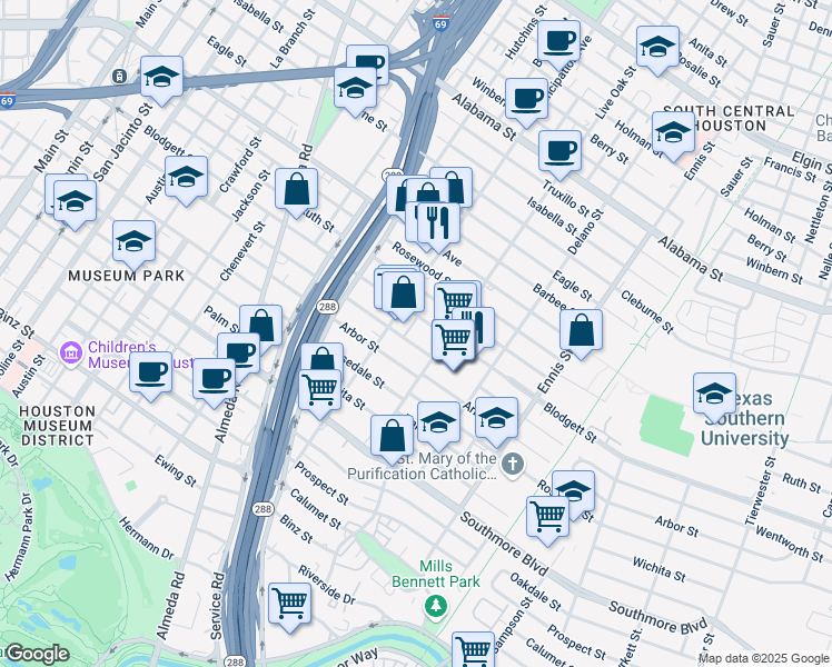 map of restaurants, bars, coffee shops, grocery stores, and more near 2441 Wentworth Street in Houston