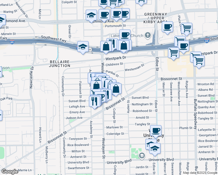 map of restaurants, bars, coffee shops, grocery stores, and more near 3911 Law Street in Houston