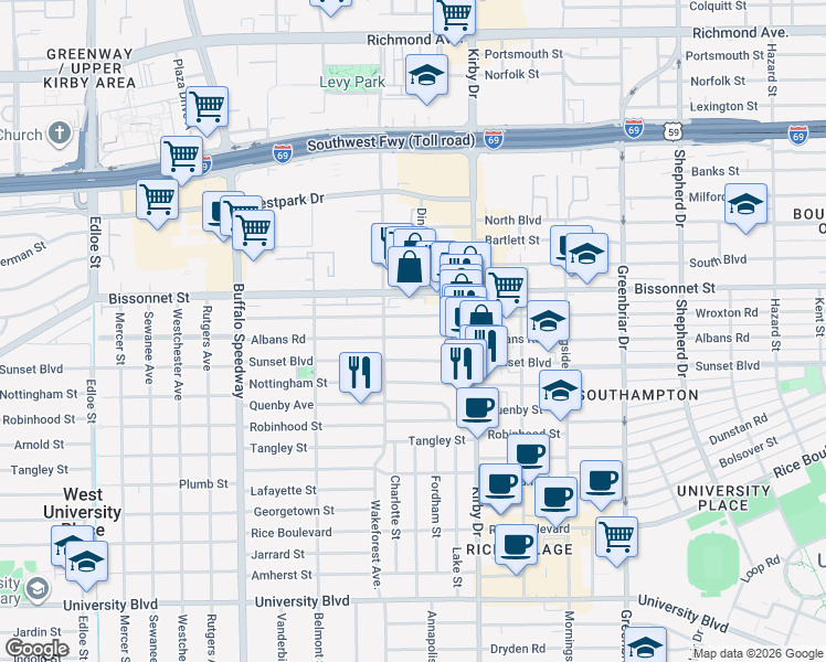 map of restaurants, bars, coffee shops, grocery stores, and more near 2716 Albans Road in Houston