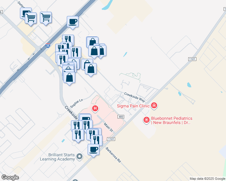 map of restaurants, bars, coffee shops, grocery stores, and more near 580 Creekside Way in New Braunfels