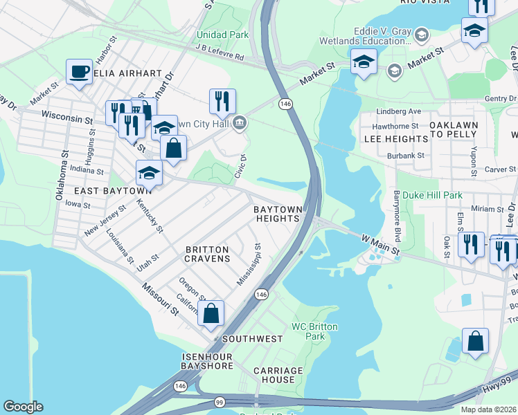 map of restaurants, bars, coffee shops, grocery stores, and more near 2102 Hill Street in Baytown