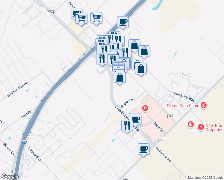 map of restaurants, bars, coffee shops, grocery stores, and more near 69 Creekside Crossing in New Braunfels