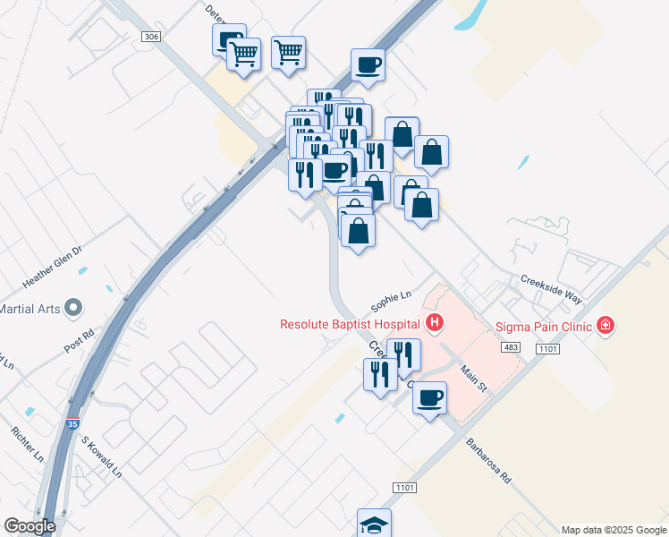 map of restaurants, bars, coffee shops, grocery stores, and more near 69 Farm to Market Road 306 in New Braunfels