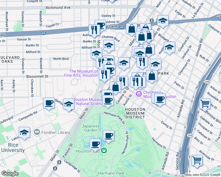 map of restaurants, bars, coffee shops, grocery stores, and more near 5701 Fannin Street in Houston