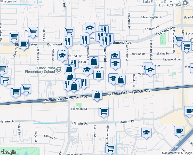 map of restaurants, bars, coffee shops, grocery stores, and more near 8622 Lipan Road in Houston