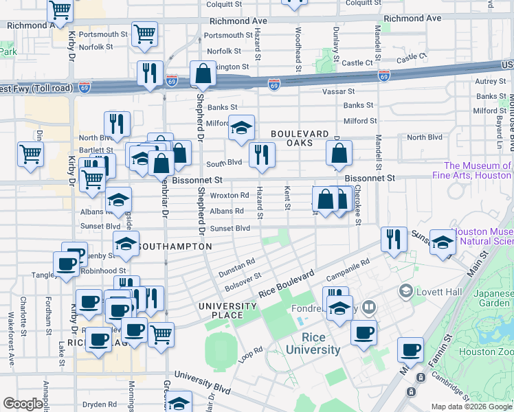 map of restaurants, bars, coffee shops, grocery stores, and more near 2010 Albans Road in Houston