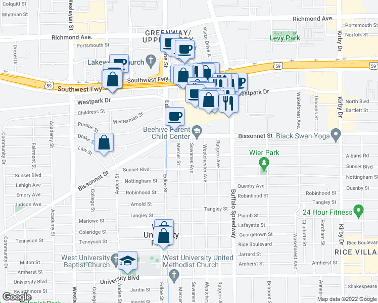 map of restaurants, bars, coffee shops, grocery stores, and more near 3504 Albans Road in Houston