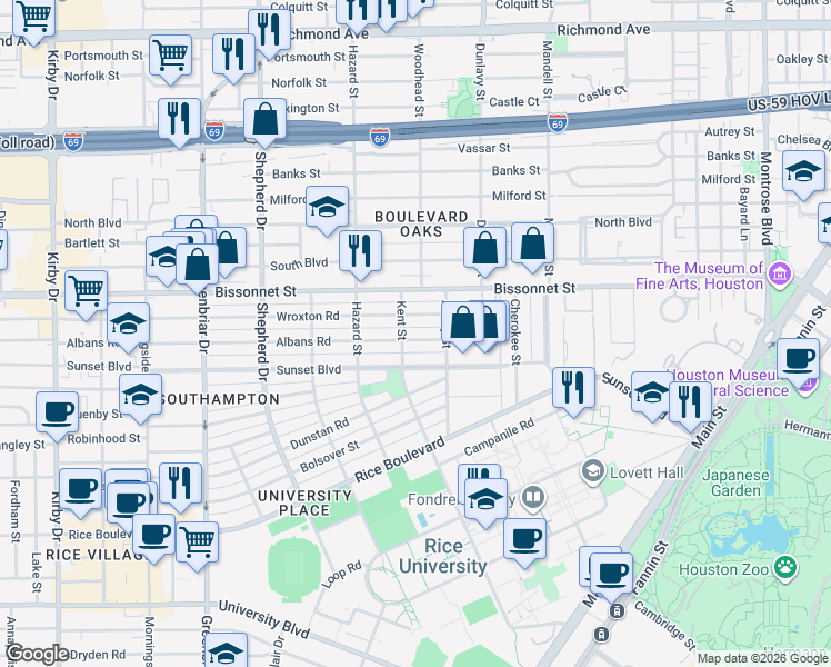 map of restaurants, bars, coffee shops, grocery stores, and more near 1828 Albans Road in Houston