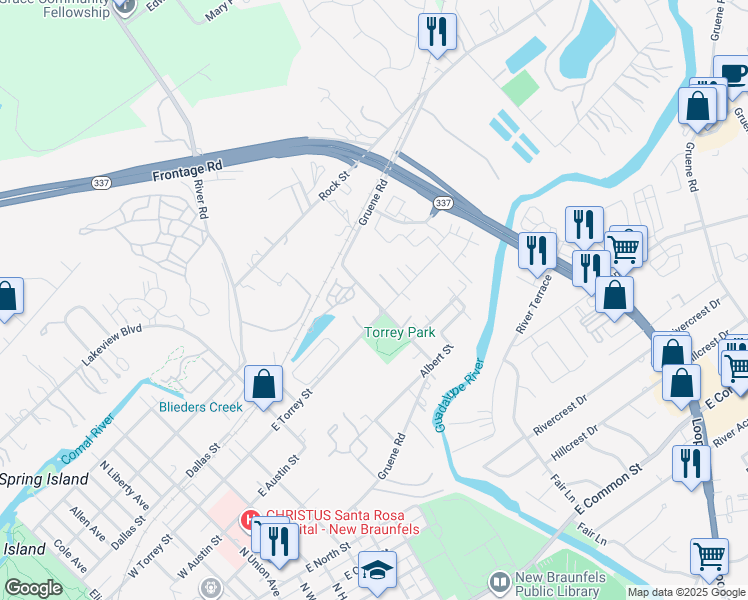 map of restaurants, bars, coffee shops, grocery stores, and more near 2058 Gruene Road in New Braunfels