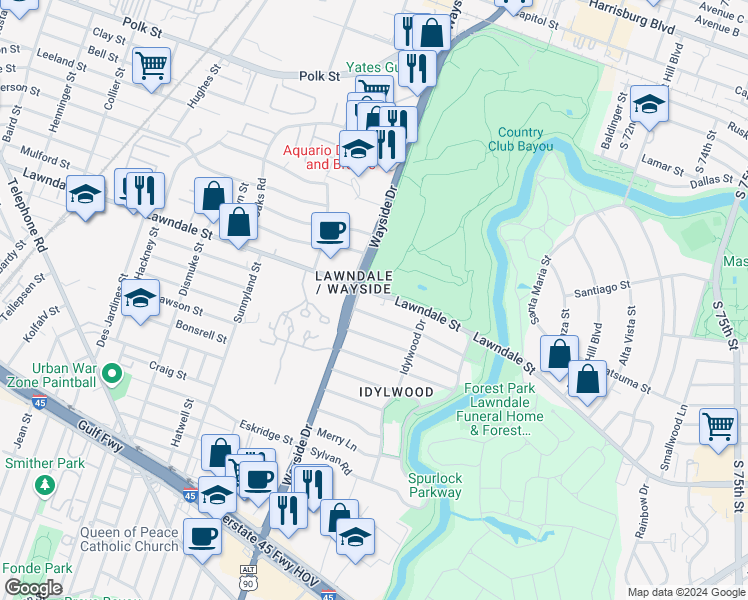 map of restaurants, bars, coffee shops, grocery stores, and more near 6634 Lawndale Street in Houston