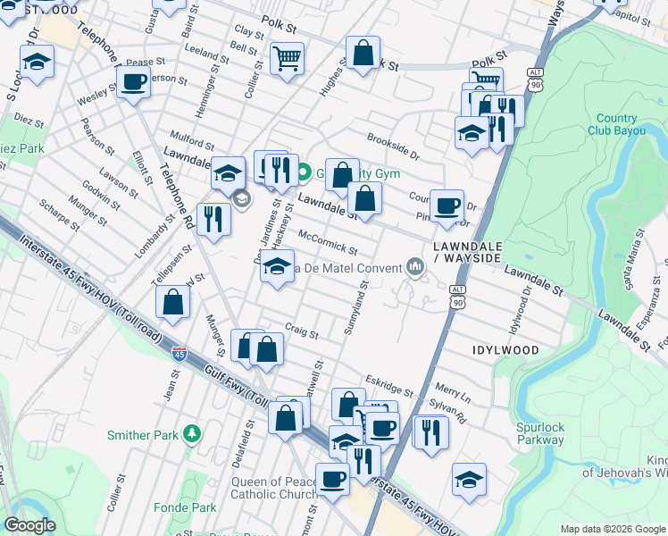 map of restaurants, bars, coffee shops, grocery stores, and more near in Houston