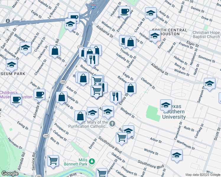 map of restaurants, bars, coffee shops, grocery stores, and more near 2719 Ruth Street in Houston